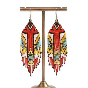 Boho Beaded Fringe Earrings Red Southwest Style
